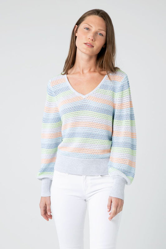 Gathered Sleeve Stripe Vee